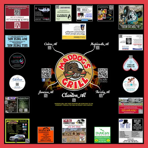 Tabletop advertising display at Maddog's Grill